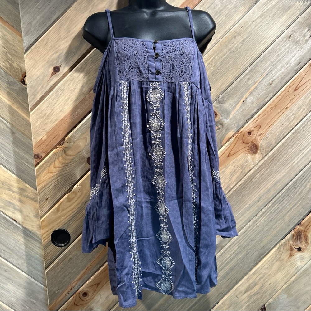 Boho Embroidered Cold Shoulder Crochet Button Bib Flutter Sleeve Top Mini Dress